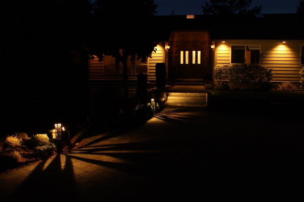 Front entrance lit with patterned landscape light